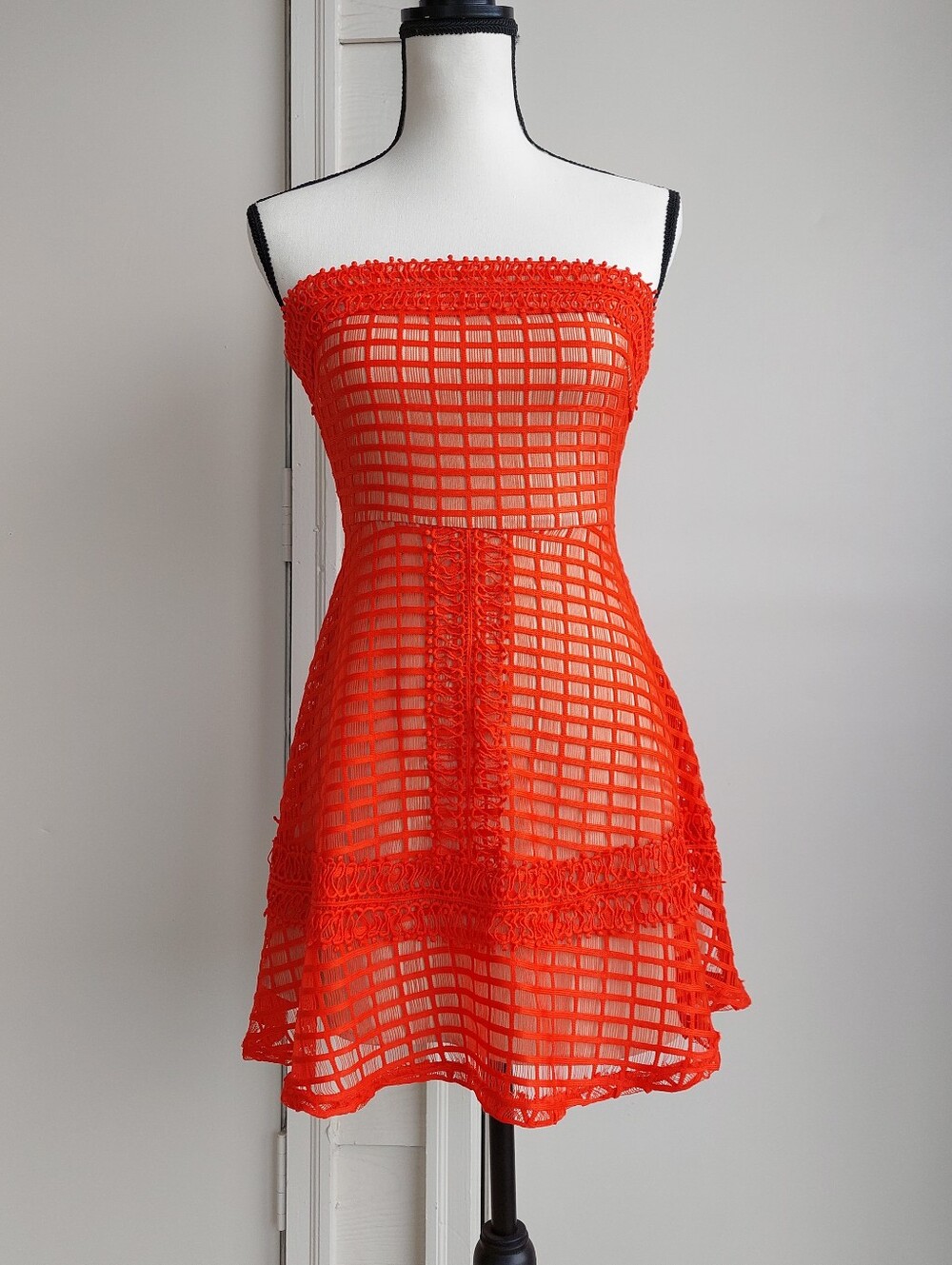 Orange Lace Strapless Mini Summer Mesh Dress